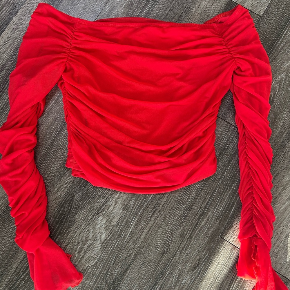 Scarlet Red Ruched Off-Shoulder Mesh Blouse